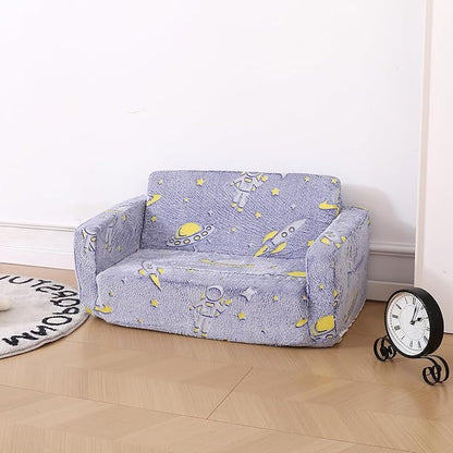 Foldable Kids Sofa,Soft Kids Fold Out Couch Glow in The Dark,Convertible Sofa to Lounger Toddler Sofa Chair(Space