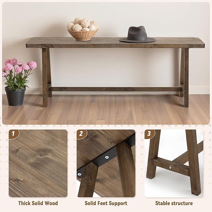 Warmiehomy Solid Wood Bench, 47.2” Rustic Farmhouse Entryway Bench for Living Room Dining Room Hallway Closet Room, Indoors & Outdoors Bench