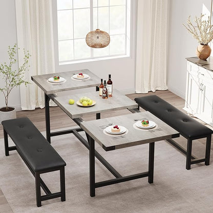 GarveeHome Dining Table Set for 4-6, 63" Extendable Wood Dining Room Table with Corner Protector & 2 Upholstered Benches, Kitchen Table Set for Apartment, Small Space, Easy Assembly,Retro Gray
