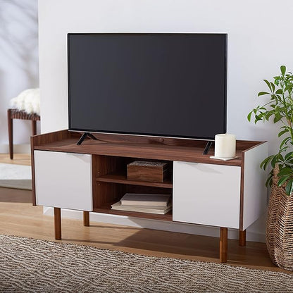 SAFAVIEH Diara TV Stand for up to 55" Flatscreen – Walnut & White, 2 Doors with Interior Storage, 2 Open Shelves, Entertainment Media Console (MED9603A)