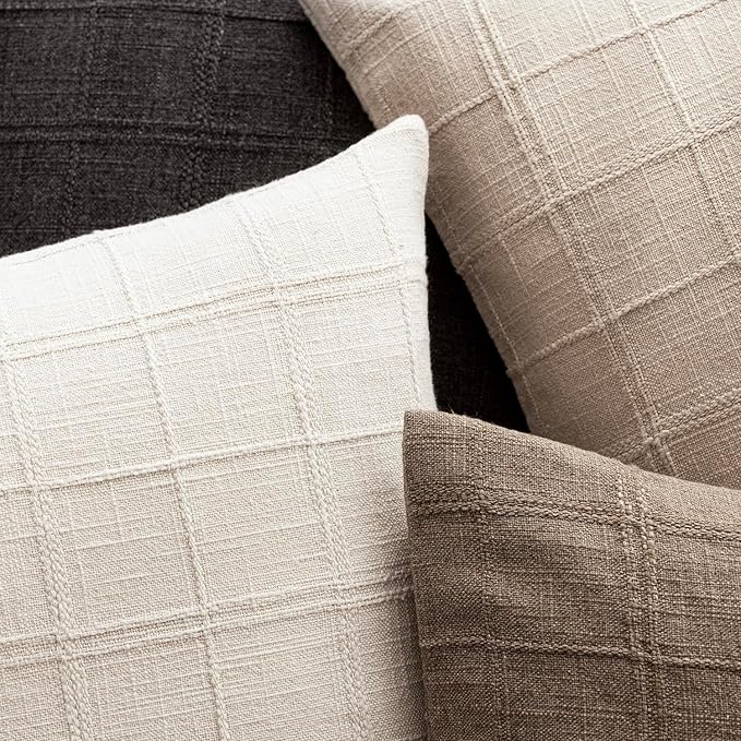 Foindtower Set of 2 Decorative Linen Check Throw Pillow Covers Neutral Farmhouse Vintage Cushion Covers Modern Boho Home Decor for Sofa Chair Couch Bedroom Living Room Outdoor,26×26 Inch,Charcoal
