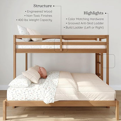 Grain & Grove Bear Twin XL Over Queen Bunk Bed, Sturdy Bunk Bed Frame for Kids, Plywood Bunk with Ladder, Guardrail, and Slats, No Box Spring Required, Oak Embossed Pecan