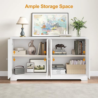 Sideboard Buffet with 4 Doors, Mid-Century Sideboard Cabinet with Adjustable Shelves, Accent Cabinet for Entryway, Living Room, Dining Room, White