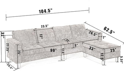 Ball & Cast 104.5" L Shaped Sectional Couch with Storage Ottoman, Chenille Upholstered 5 Seat Modular Sofa with Reversible Chaise for Living Room, Easy Assembly, Gray