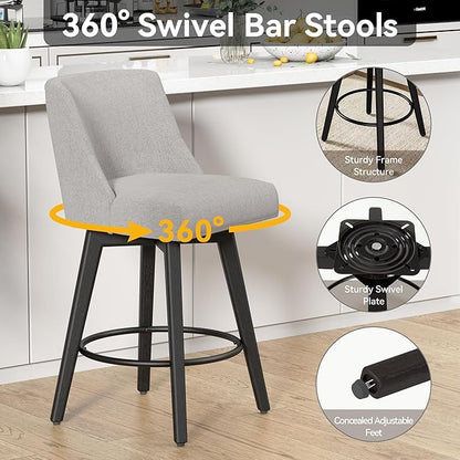 Counter Height Swivel Bar Stools Set of 6, 26 Inch Bar Stools with Footrest, Linen Fabric Upholstered Barstools with Back and Solid Wood Legs for Kitchen Island, Dining Room,Pub,Light Grey