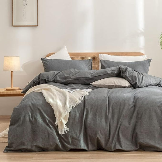 BESTOUCH Duvet Cover Set 100% Washed Cotton Linen Feel Super Soft Comfortable Chic Lightweight 3 PCs Home Bedding Set Solid Dark Grey Full/Double