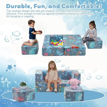 MeMoreCool Modular Kids Couch, Glow Play Toddler Couch for Bedroom Playroom, Convertible Foam Kids Sofa Bed, Fold Out Baby Sofa for Girl Boy