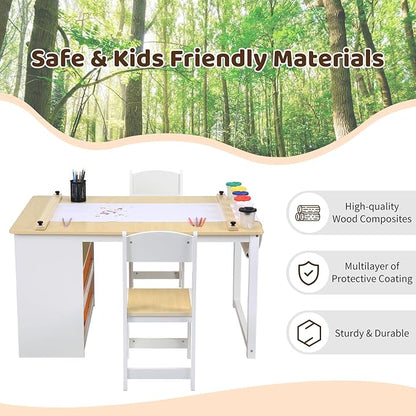 4 In 1 Kids Art Table and Chair Set,Toddler Craft Large Storage Desk with Portable Art Supply Organizer, Drawing Desk, Kids Activity and Study Table, Activity & Crafts for Children Wooden Furniture