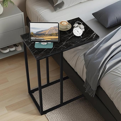 VECELO C Shaped End Side Table for Sofa Couch and Bed Snack TV Tray for Living Room Bedroom, 1 Set, Black Marble