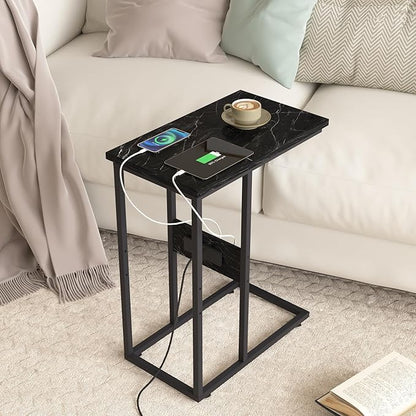 VECELO C Shaped End Side Table with Charging Station & Power Outlets for Couch Sofa/Bed Snack TV Tray with Metal Frame for Living Room Bedroom 1 Set, Black Marble