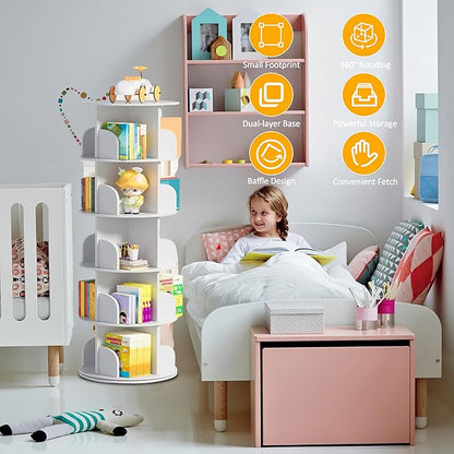5 Tier Rotating Bookshelf Tower, 360 Display Wood Spinning Bookshelf Tower Revolving Bookcase, 360 Book Shelf Storage Round Carousel, Vertical Rotate Turning Spiral Corner Organizer for Bedroom, White