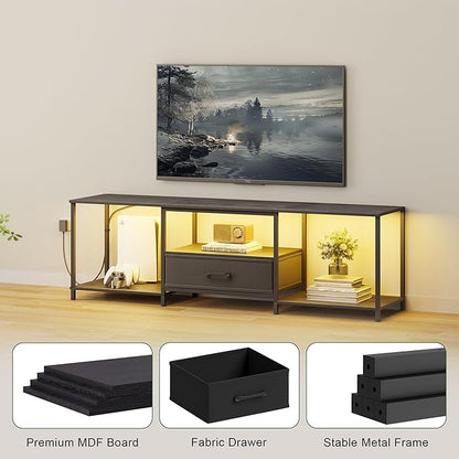 TV Stand with LED Lights, Entertainment Center with Open Shelves and Fabric Drawer, Media Console for 75 Inch TV, Television Stands for Living Room, Bedroom, Black