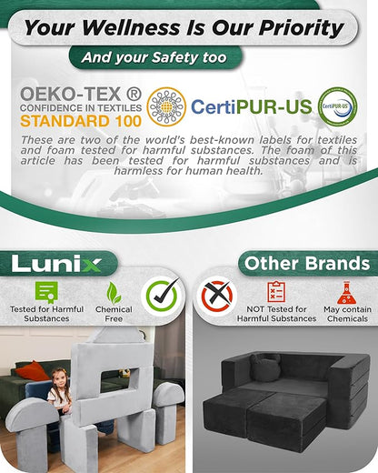 Lunix LX22 11pcs Modular Kids Play Couch, Child Sectional Sofa, Fortplay Bedroom and Playroom Furniture for Toddlers, Convertible Foam and Floor Cushion for Boys and Girls, Gray