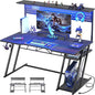 Armocity Gaming Computer Desk with Hutch and LED Lights, 53'' Black Gaming Desk with Storage Shelves, Reversible PC Gamer Desks with Pegboard, Ergonomic Desk for Bedroom, Carbon Fiber Surface