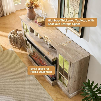 ROCKPOINT 3 Sided Glass 80" Fireplace TV Stand for TVs up to 90", Media Entertainment Center with Glass Door Storage Cabinet for Living Room,36" Electric Fireplace & Adjustable LED Light,Grey