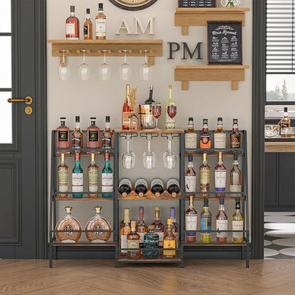 Versatile Bar Stand with Glass Holder, Wine Rack Freestanding Floor, Liquor Cabinet for Liquor Whiskey Wine, 6-Tier Stepped Bar Cabinet with Fences, Vintage Brown（Patent Pending）