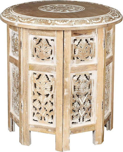 Lightnpro Hand Carved Solid Mango Wood Octagonal Accent Table - 18"×18" White Wash Farmhouse Vintage Home Décor Round End Table for Living Room, Bedroom, Entryway - Rustic Boho Side Table