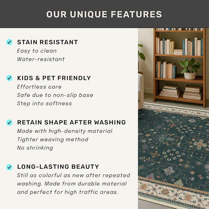 Vintage Dark Green 6x9 Dining Room Rugs for Under Kitchen Table - Washable Livinig Room Rug - Unique Floral Pastel Low Pile Non-Slip Large Area Rugs for Bedroom