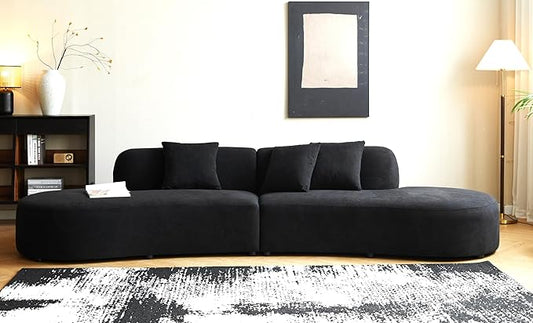 Container Furniture Direct 132" Curved Sofa with Throw Pillows, 6 Seater Luxury Velvet Couch with Half Moon Design and High-Density Foam, Ideal for Modern Living Room, Office & Apartment, Black