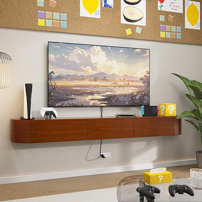 Fully Assembled Floating TV Stand with Drawers, 63IN Vintage Wall Mounted Entertainment Center, Minimalist Large Storage Console Under TV, Solid Wood Media Shelf for Living Room, Bedroom