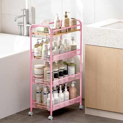KINGRACK 4-Tier Wide Metal Rolling Storage Cart, Utility Cart with Wooden Tabletop for Laundry, Bathroom, Kitchen, Apartments, Dormitory (Pure Pink, Wide)