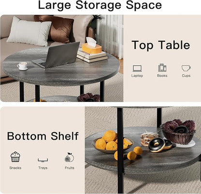 Coffee Table, 2 Tier Coffee Tables for Living Room, Round Coffee Table with Storage, Floor Table for Bedroom, Home Office, Dark Gray (27.6" D x 17.7" H)