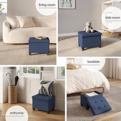STORAGEBUD Storage Ottoman Cube with Small Bin, 16-in Square Ottoman with Storage for Living Room and Bedroom, Small Ottomans Foot Rest, Fabric Foot Stools Ottomans Max 330lbs, Blue
