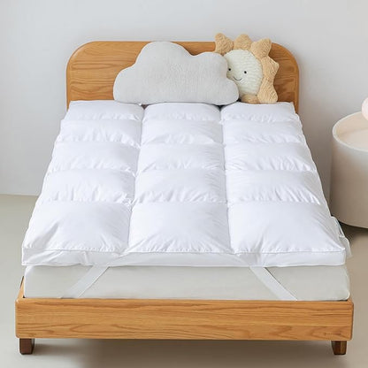 3 Inch White Goose Feather Mattress Topper,Twin Feather Bed Topper,Mattress Cover with Straps,Ultra Soft Pillowtop,100% Organic Cotton Fabric(39”x75”)