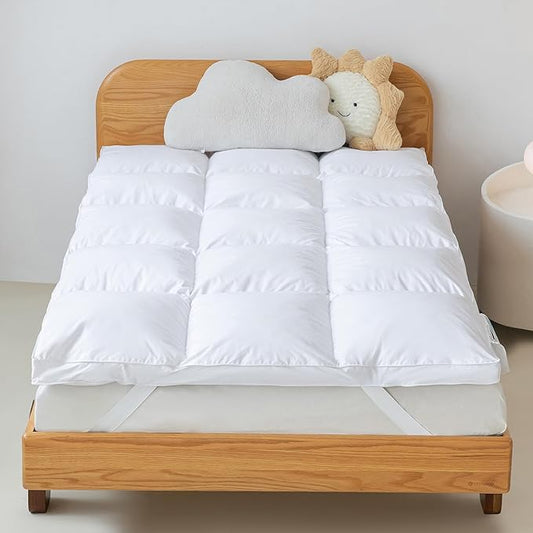 3 Inch White Goose Feather Mattress Topper,Twin Feather Bed Topper,Mattress Cover with Straps,Ultra Soft Pillowtop,100% Organic Cotton Fabric(39”x75”)