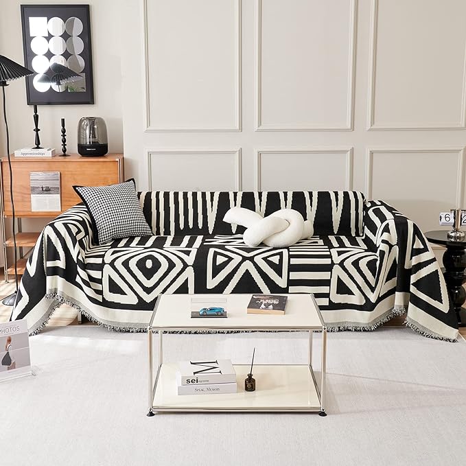 VM VOUGEMARKET Geometric Couch Cover for 3 Cushion Boho Chenille Sofa Cover Dog Proof Universal Sofa Slipcover L Shaped Furniture Cover with Tassels Sectional Couch Cover-71 x 134,Black