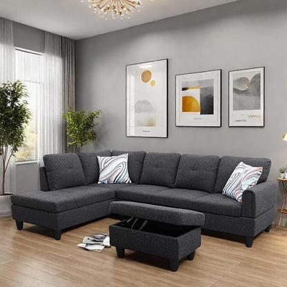 L Shaped Sectional Couches, Modern Modular Sectional Sofa for Living Room Bedroom Furniture, Comfy 4 Seat Couch with Ottoman Storage & Chaise, Black Gray