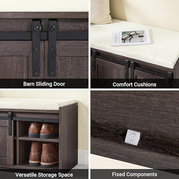 Haotian Industrial Style Shoe Storage Bench, Entryway Hallway Shoe Cabinet, Sliding Barn Doors, Drawer & Padded Seat Cushion, Rustic Window Bench for Mudroom (Brown)