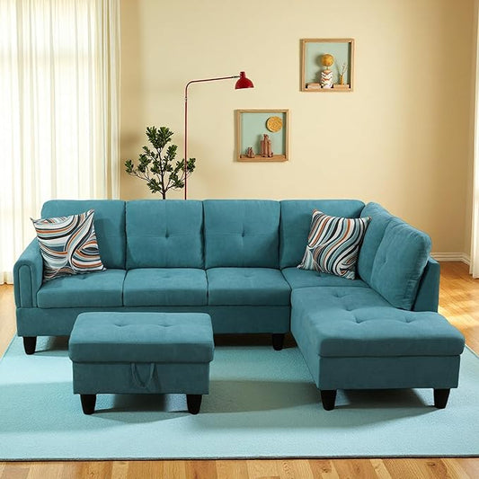 L-Shaped Sectional Sofa with Ottoman, Right-Facing Modern Microfiber Couch for Living Room, Bedroom, Office, Dark-Blue