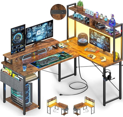 Small L Shaped Gaming Desk with Power Outlets, 48" Reversible L Shaped LED Computer Desk with Monitor Stand & Storage Shelf, Corner Gamer Desk Home Office Desk with Storage Bag, Rustic Brown