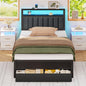 Furnulem Twin Bed Frames with Charging Station and LED Lights, Grey Upholstered Headboard with Shelves, Metal Platform Bed with 2 Under-Bed Storage (Fabric Drawer on Wheels), No Box Spring Needed