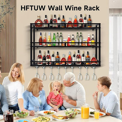 Metal Wine Rack Wall Mounted, Bar Shelves for Liquor Bottles with LED Light, 3 Tier Large Capacity Liquor Rack Wall Mounted with Glass Holder for Home Bar & Dining Room （Gold, 31in/80cm）