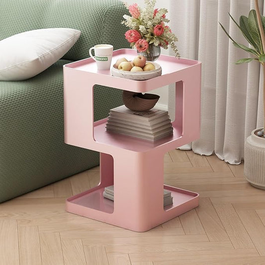 Metal Small Nightstands, Modern Side Table with 3 Tiers Storage, Pink End Table for Couch, Living Room Bedroom, Bedside Tables No Assembly Required