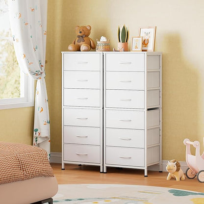 WLIVE White Tall Dresser for Bedroom, 6 Drawer Dressers & Chests of Drawers, Fabric Dresser for Closet, Living Room, Night Stand with Metal Frame, Storage Tower with Fabric Bins, Wood Top