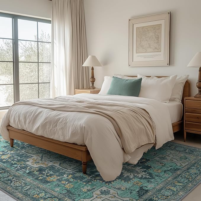 GENIMO 7'6''x9'6'' Area Rugs for Living Room, Machine Washable Non Slip Vintage Rugs, Low Pile Lightweight Chenille Print Rug for Bedroom, Dining Room, Home Office, Dark Green