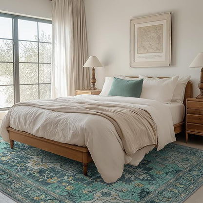 GENIMO 10x12 Area Rugs for Living Room, Machine Washable Non Slip Vintage Rugs, Low Pile Lightweight Chenille Print Rug for Bedroom, Dining Room, Home Office, Dark Green