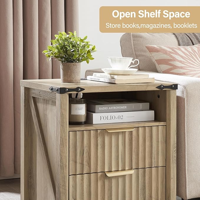 Fluted Nightstand with Charging Station Set of 2-20 Inch Wide Farmhouse Bedside Table with 2 Drawers, Modern Wood End Side Table for Bedroom Study Storage Sunwashed Ash Oak