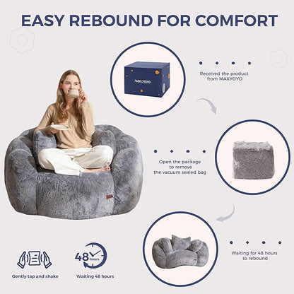 MAXYOYO Bean Bag Chair with 3 Pillows, Oversized Floral Shaped Bean Bag Sofa for Adults, Ultra Soft Faux Fur Floor Sofa, Large Stuffed Reading Chair for Living Room Bedroom, Grey