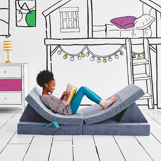 Yourigami Kids and Toddler Play Couch, Convertible Folding Sofa, Durable Foam Modular Design, Blue Lagoon