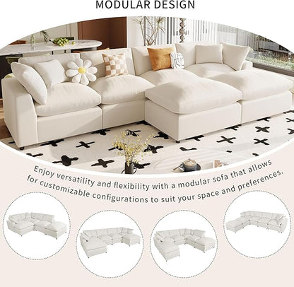 134.4 Inch U-Shaped Oversized Upholstered Sectional Sofa with Removable Ottomans, Large 6 Seater Modular Combination Corner Couch for Living Room, Office, Spacious Space, Beige