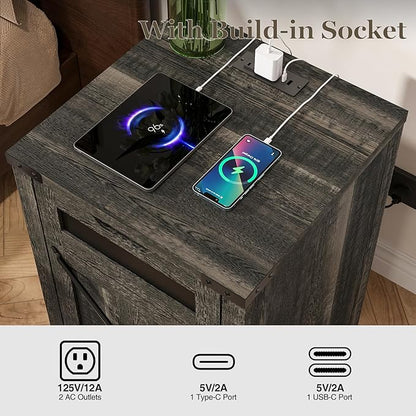 Farmhouse End Table Set of 2 with Charging Station, 26.4" Tall Rustic Nightstand with Drawer and X Barn Door, Country Bedside Sofa Side Table for Living Room, Dark Brown