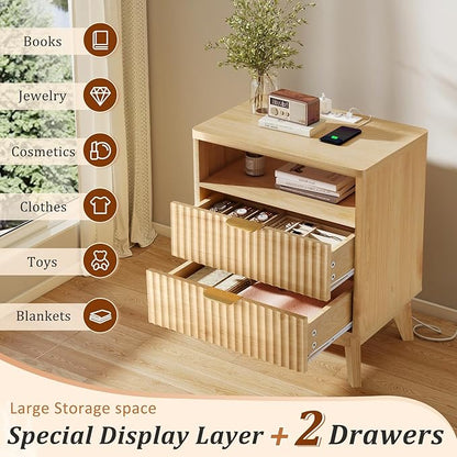 Fluted Nightstand with Charging Station, 19.7 inch Wide End Table with 2 Drawers, Modern Wood Bedside Table for Bedroom(Natural)