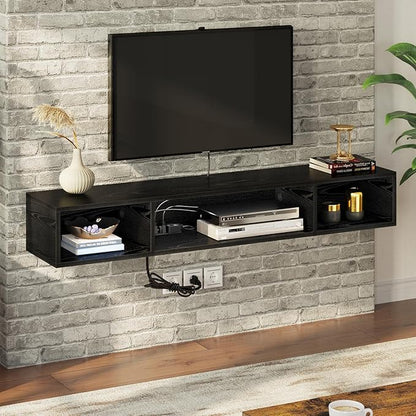 Rolanstar TV Stand with Power Outlet, Floating TV Stand with RGB Lights, 55.1" Wall Mounted TV Shelf, Black Media Console with Storage Shelf, Entertainment Under TV for Living Room, Bedroom