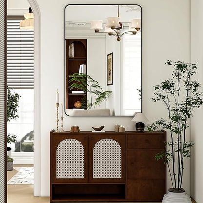 30 x 48 Inch Bathroom Mirror, Rounded Rectangular Vanity Mirror for Wall, Modern Mirror for Room Decor, Black Framed Wall-Mounted Mirrors for Home Decor, Hangs Horizontally or Vertically