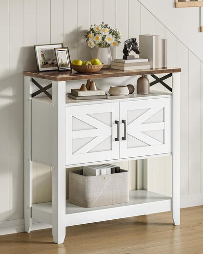 Console Table, Farmhouse Sofa Table with Power Outlet, Entryway Table with Cabinet and Open Shelves, Coffee Bar Cabinet with Storage for Entrance, Hallway, Kitchen, White and Walnut MXG01UWL