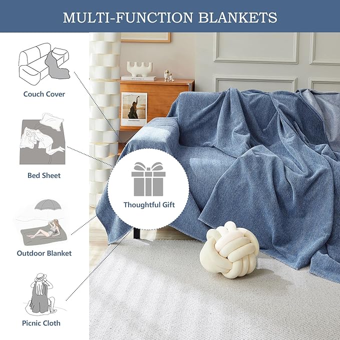 STACYPIK Stylish Blue Sofa Cover Chenille Herringbone Couch Covers for 3 Cushion Couch Cat Scratches Couch Covers for Sectional Sofa Pet Protector Futon Loveseat Cover Multi-Use Throw Blanket-71x150IN